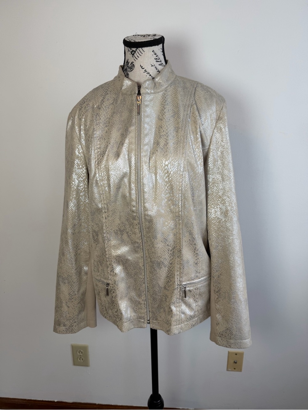 Chico's Metallic Snake-Print Leather Jacket in Light Gold